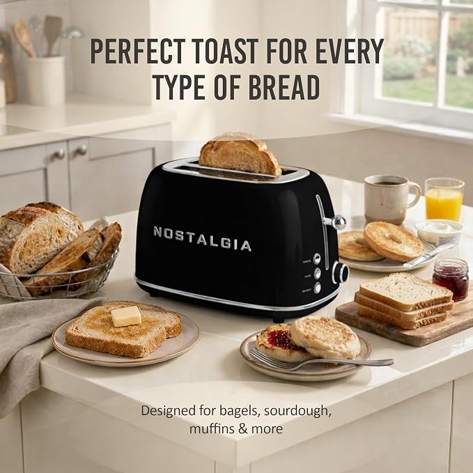 Nostalgia Classic Retro 2-Slice Toaster- Vintage Design- Enamel Coated Steel Body- Wide Slots for all Breads- Crumb Tray, Cord Storage- Defrost,Cancel and Bagel Function & 6 Toasting Levels- Black