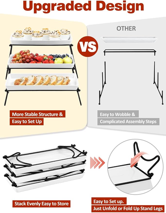 3 Tier Serving Tray Set, 14" White Porcelain Platters with Collapsible Metal Stands, Tiered Serving Stand for Party Food Display, Cupcakes, Desserts, Fruit & Appetizers | 3*Porcelain Durable Serving Plates, Microwave/Dishwasher Safe, Modern Cupcake Fru...