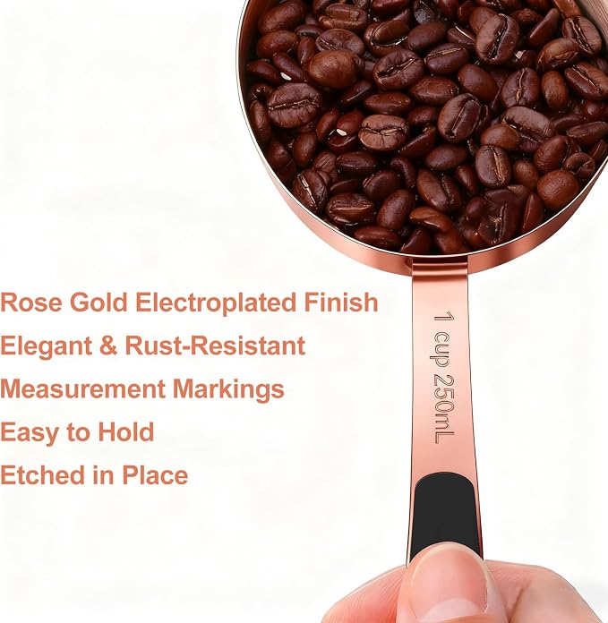 Bopei Measuring Cups and Spoons Set, Rose Gold Plated Stainless Steel 10 Piece for Cooking and Baking (5 Cups + 5 Spoons RoseGold)