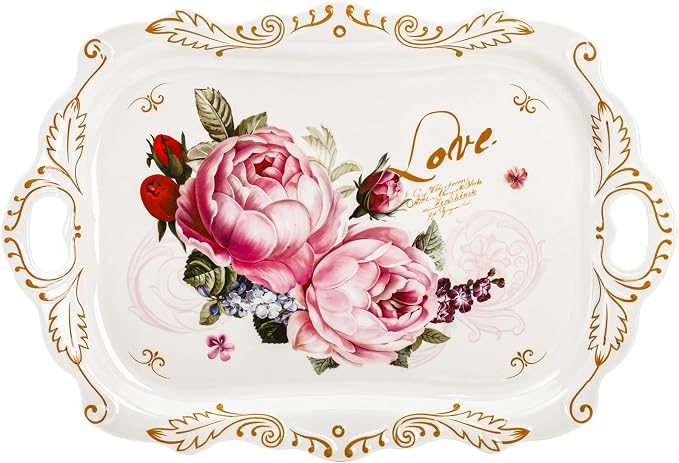3-Pack Melamine Serving Tray, Stackable Food Tray with Handles for Eating, Unbreakable Large Serving Platter with Floral Print for Gift, Party, Decor, Home, Restaurant, 16"L x 11"W, Rectangle
