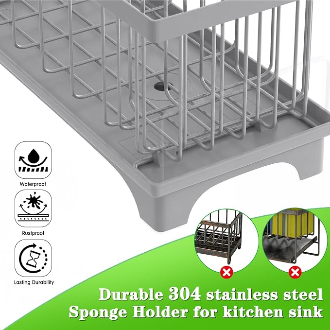 VOOWO Sponge Holder for Kitchen Sink, Compact Sink Caddy with Brush Holder | 304 Rustproof Stainless Steel Dish Soap Holder, Small Kitchen Sink Organizer, Self-Draining Dish Wand Holder with Towel Rack
