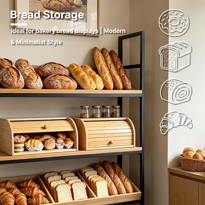 Natural Bamboo Roll Top Bread Box for Kitchen Countertop | Food Storage Container with Assembly Required with rolling lid, vintage food keeper for muffins, bagels, cookies