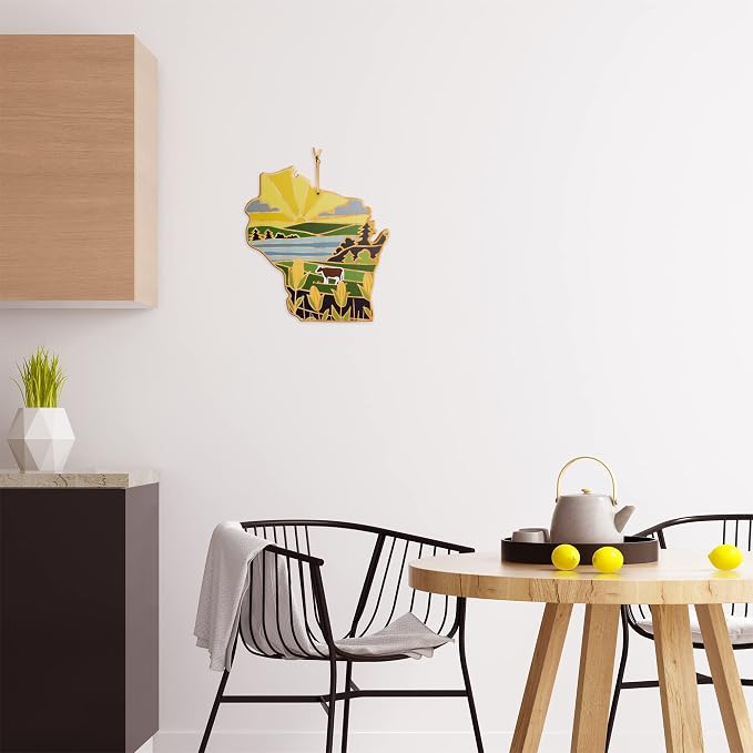 Totally Bamboo Wisconsin State Shaped Cutting Board, Summer Stokes Art | State charcuterie board with colorful hand-drawn landscape art. Smooth reverse side for food prep. Hang tie for wall display.