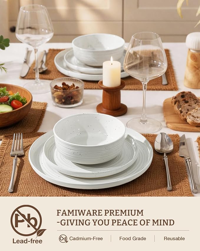 Stoneware Dinnerware Sets with Pasta Bowls, Service for 4 | 16-Piece Ceramic Plates and Bowls, Speckled Spiral Dishes, Chip & Scratch Resistant, Microwave & Dishwasher Safe, White Honey