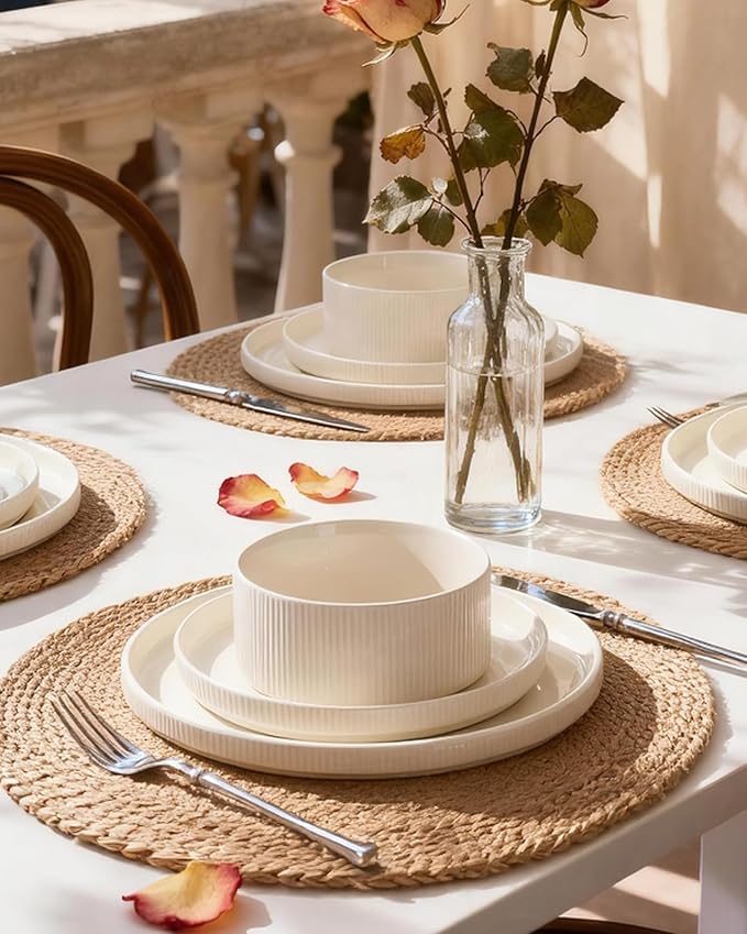 Line Porcelain Dinnerware Set, dish set for 4, Creamy White | Premium dinnerware set, chip-resistant & durable. Safe for dishwasher, microwave, oven. For daily meals to festive feasts