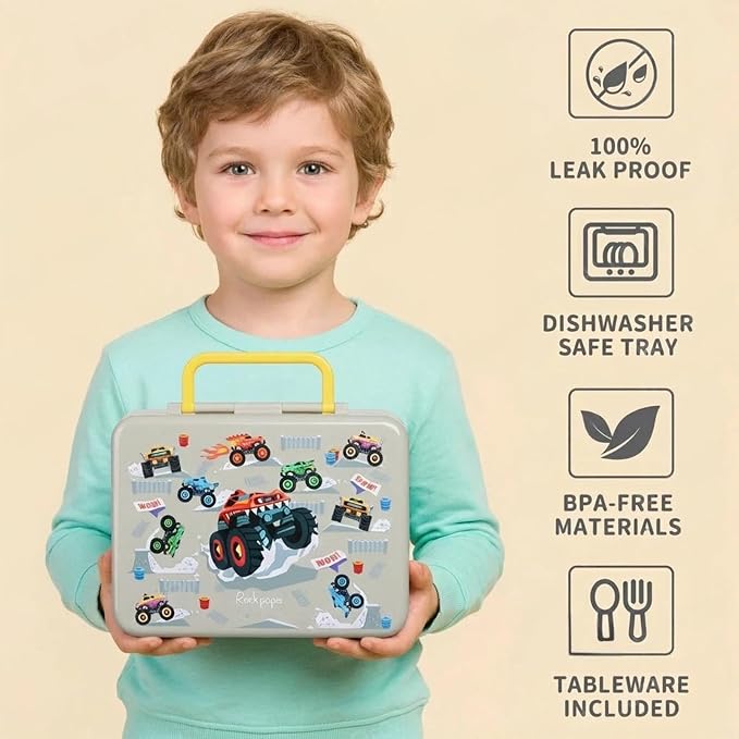 rockpapa Chill Bento Box for Kids- Large 5.5 Cups Lunch Box with Ice Pack - 5 Compartments, BPA-Free, Leak Proof, with Utensils & Portable Handle, Microwave/Dishwasher Safe (Grey Trucks)