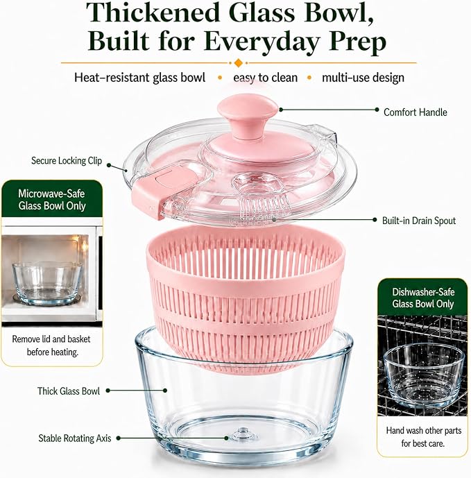 Glass Salad Spinner 3.2 Qt, Small Salad Spinner, Glass Bowl, Pink | Removable Lid, Storage Lid, Dishwasher-Safe Glass Bowl, Fruit & Vegetable Washer Dryer, Drain Spout, Crank Handle