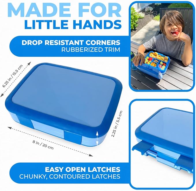 kinsho Bento Lunch Box Container Secure Lid for Small Kids, Toddlers, Blue | 5 Portion Sections, BPA-Free Spill-Proof Leakproof Removable Plastic Tray, Snacks and Lunches for Pre-School & Daycare