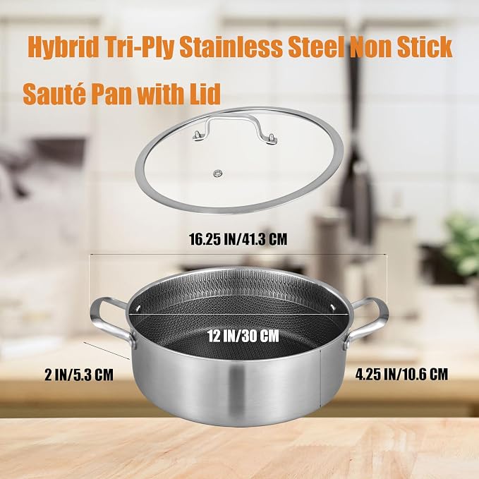 Inqibee 7 QT Saute Pan with Lid, 12 Inch Deep Frying Pan, Riveted Handle | Hybrid Ceramic Nonstick Cookware, Tri-Ply Stainless Steel Pan, Jumbo Cooker, Induction Cooking Pan, Dishwasher and Oven Safe