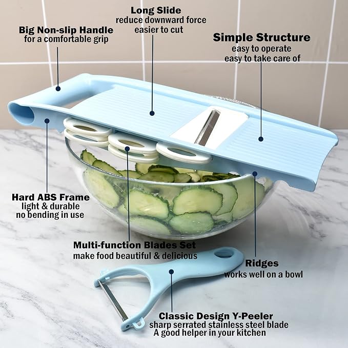 NACOLUS Handheld Mandoline Slicer for Kitchen, Vegetable Slicer Multi Blade Potato Chip, Veggie shredder, Vegetable Cutter, Julienne Shredder and peeler For Small Job In Kitchen Blue