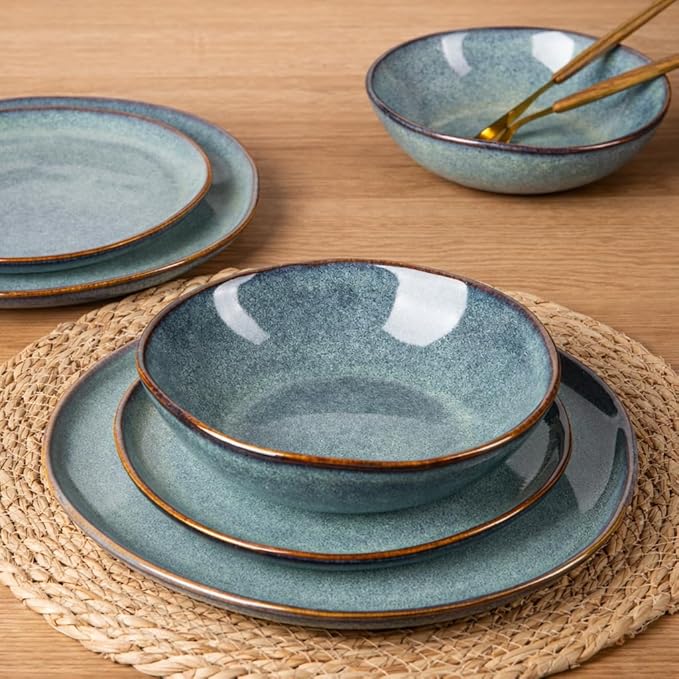 AmorArc Ceramic Dinnerware Sets for 4, 12Pcs Plates and Bowls Sets Dishes | Stoneware Handmade Reactive Glaze Dinner Set, Highly Scratch Resistant | Dishwasher & Microwave Safe Dishware