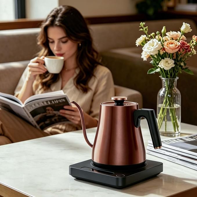 Gooseneck Electric Kettle 1.0L,1000W, Smart, Pour Over, Copper | 104-212°F, LED Digital Display, Touch control, Keep Warm, 304 SS BPA-Free, Auto Shut-Off, BPA-Free, For Pour Over & Tea