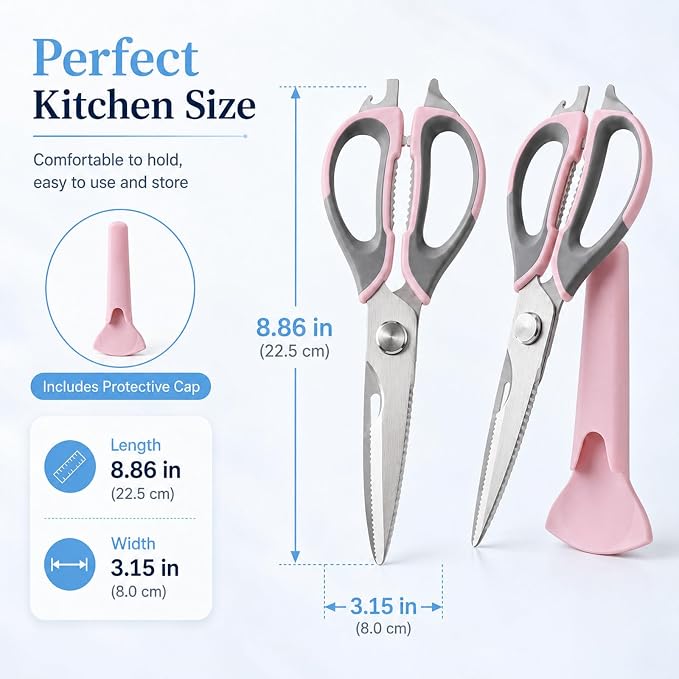 4-Pack Heavy Duty Kitchen Shears, Multi-Color Set (White/Green/Pink/Blue), Stainless Steel, Come-Apart Design Easy Cleaning, Multi-Purpose Cooking Scissors with Magnetic Holder for Fridge Organization