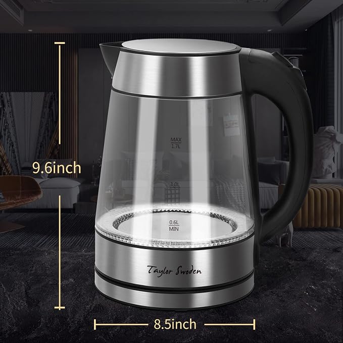 Taylor Swoden 1.7L Electric Tea Kettle, Glass Hot Water Boiler for Tea | Fast Boiling Electric Kettle Cordless Water Boiler with Auto Shutoff & Boil Dry Protection, Glass & Stainless Steel