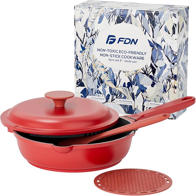 FDN 8" Ceramic Non Stick Frying Pans With Lid, Titanium Pans for Cooking, Non-Toxic PFAS-Free, Induction & Oven-Safe Cookware, Red For Daily Cooking