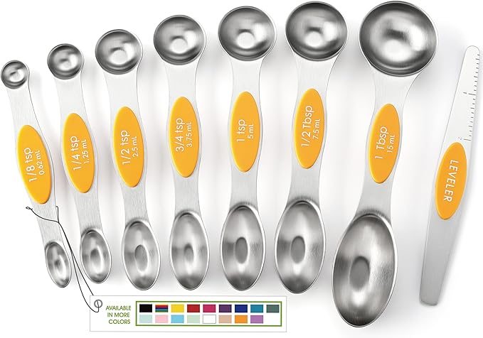 Spring Chef Stainless Steel Magnetic Measuring Spoons Set of 8, Mango | Nesting Teaspoon & Tablespoon Measuring Spoons w/ Leveler for Dry & Liquid Ingredients, Measure Spoons For Baking & Cooking