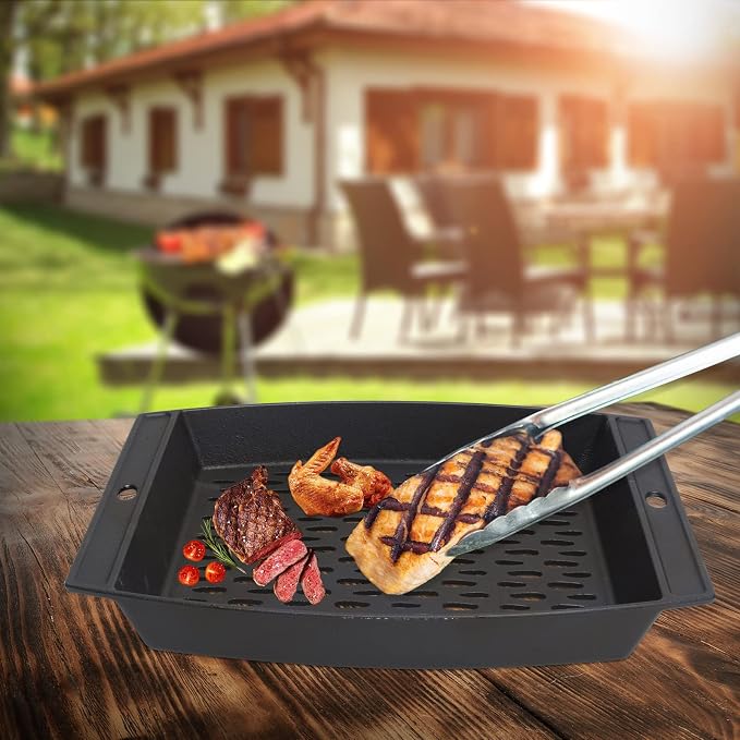 15"x12" Cast Iron Grill Basket for Outdoor Grills, Fish Veggie Grill Pan Tray, BBQ Grilling Pans Tray for Weber, Napoleon, Char-Broil, Royal Gourmet and Most Charcoal Smoker & Gas Grill