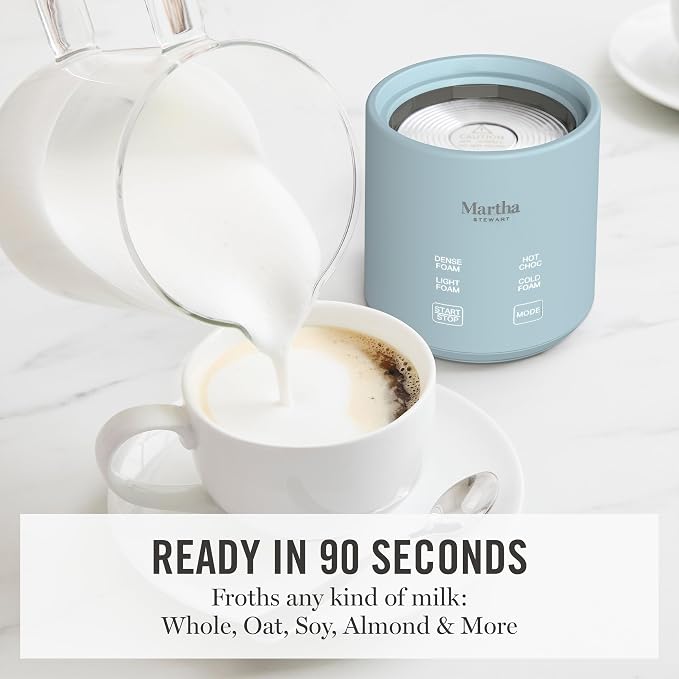Martha Stewart 10oz Milk Frother & Steamer, 4 Presets, 300ml Glass Pitcher | Light, Dense, Cold Foam & Hot Chocolate, Ready in 90 Seconds, Cordless Pouring, Runs Quiet, Almond, Soy & Oat Milk, Sky Blue
