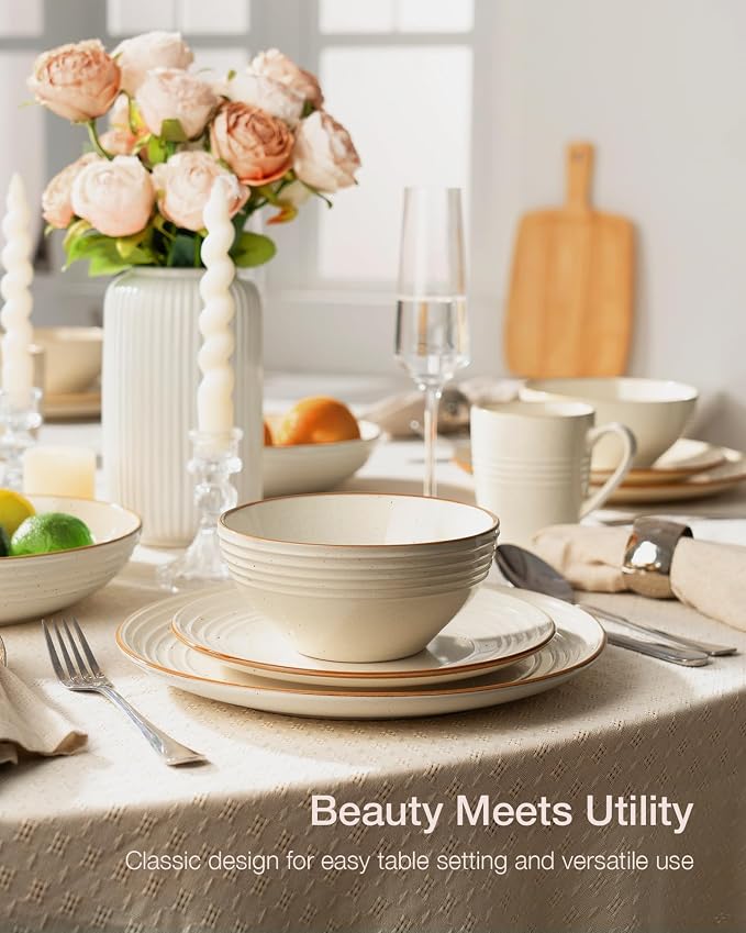 Famiware Jupiter Stoneware Dinnerware Sets, 18-Piece Speckled Dishes for 6 | Ceramic Plates & Bowls with Rim, Chip & Scratch Resistant, Microwave & Dishwasher Safe, Everyday Use, Neutral Vanilla White