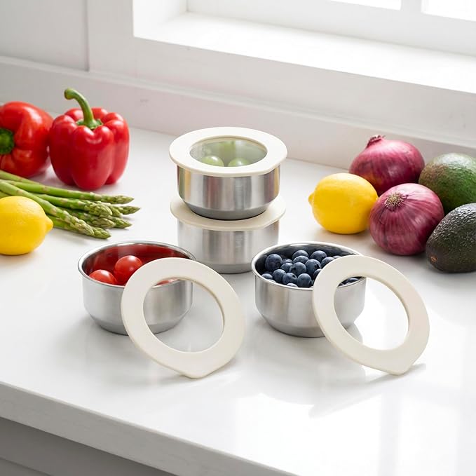 Stainless Steel Food Containers with Glass Lid, Airtight Leakproof Stainless Steel Storage Containers in set of 4, small size, Round Shape, Microwave Safe, 100% Plastic Free