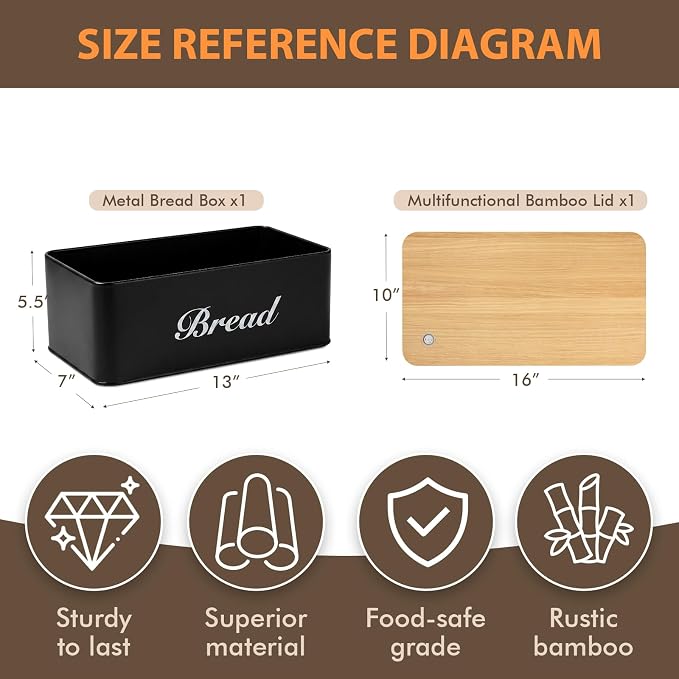 RYTOXILO Black Bread Box for Kitchen Countertop, Metal Breadbox with One-Way Degassing Valve Bamboo Lid, Bread Storage Boxes Container for Homemade Bread, Sourdough Food Cutting Board