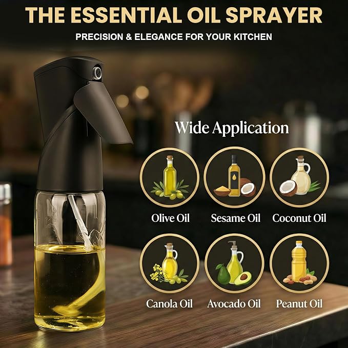 8.5oz Glass Oil Sprayer for Cooking - 1 Pack Refillable Olive Mister for Air Fryer Grilling Kitchen Gadget Black