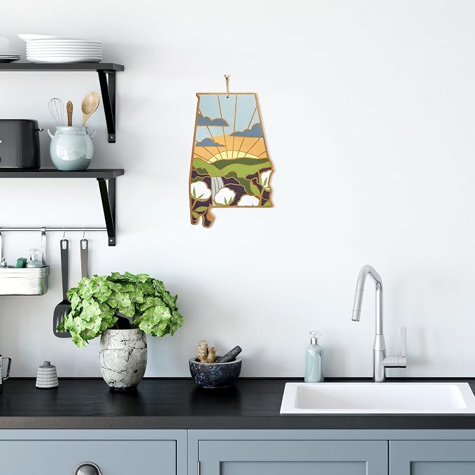 Totally Bamboo Alabama State Shaped Cutting Board, Summer Stokes Art | State charcuterie board with colorful hand-drawn landscape art. Smooth reverse side for food prep. Hang tie for wall display.