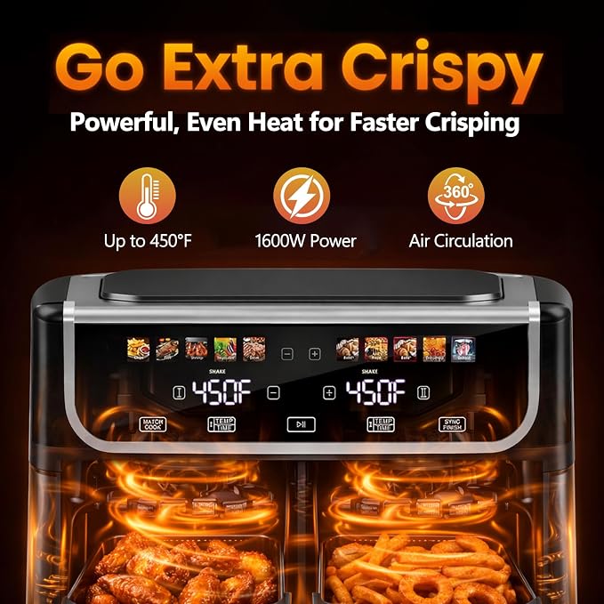 Simple Deluxe 9.5-Qt Dual Basket Air Fryer, 10-in-1 Digital Preset 1700W Airfryer, Sync Cook, Independent Temp Control, Shake Reminder, Nonstick Basket, Black