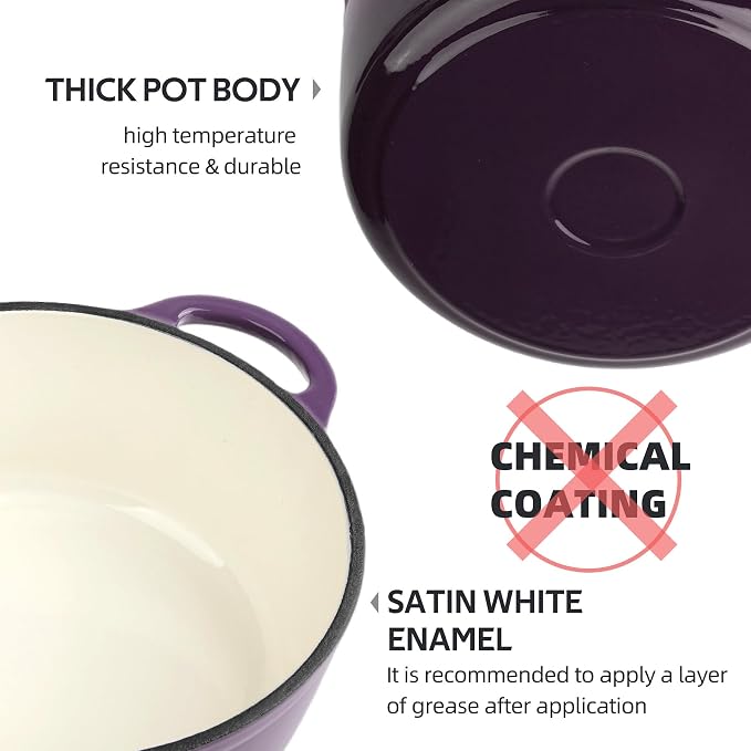 Dutch Oven Enameled Cast Iron with Lid - Big Dual Handles - Oven Safe up to 500°F - Classic Round Pot for Versatile Cooking (Purple, 3 QT)