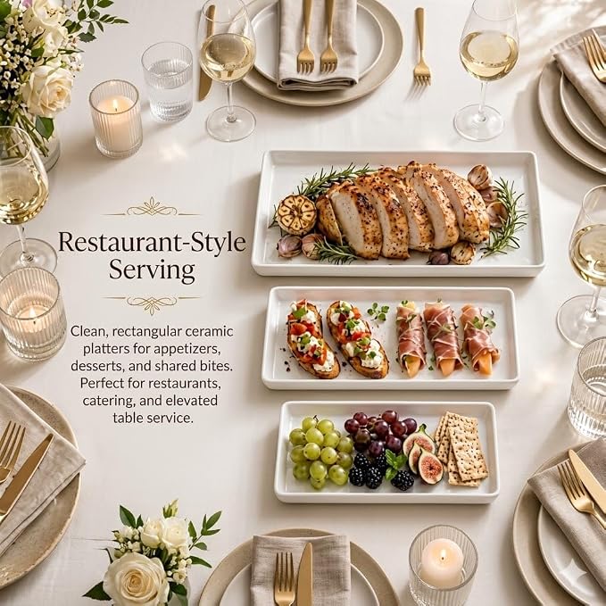 Delling Large Serving Platter, 16/14/12 Inch Rectangular Serving Trays for Serving Food, Serving Tray for Party - Set of 3, White