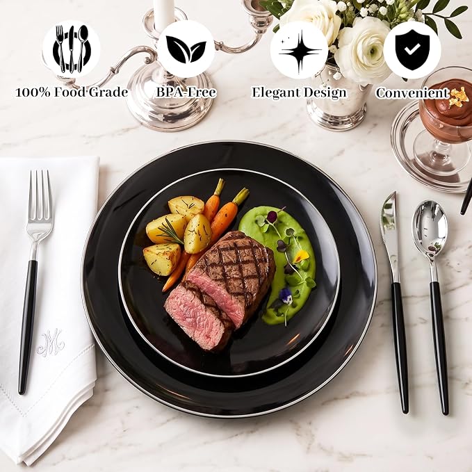 DaYammi 30 Guests Black Plastic Plates with Disposable Silverware,Silver Cutlery with Black Handle,Silver Disposable Dinnerware:60 Dinner/Dessert Plates,90 Plastic Silverware Set for Party Wedding