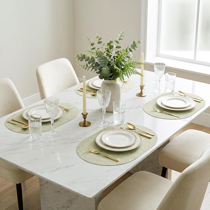 Placemats Set of 4-17" x 11.8" Waterproof & Heat Resistant Oval Place Mats, Wipeable Washable Double Layer Faux Leather Table Mats, Sage Green