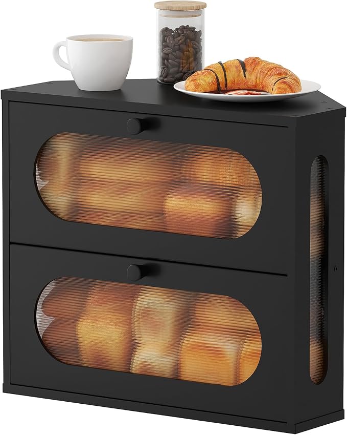 Corner Bread Box for Kitchen Countertop, 2026 New Double Layer Bamboo Bread Storage Bin, Large Bread Container for homemade bread (Black)