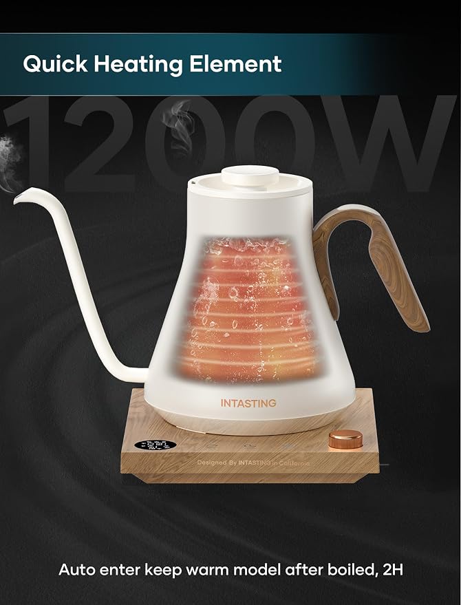 INTASTING Gooseneck Electric Kettle with 1℉ Temperature Control, 0.9 Liter | Fast Heating, Stainless Steel Interior, for Pour Over Coffee, Tea & Boiling Water, Keep Warm, Auto Shut-Off, Cream White