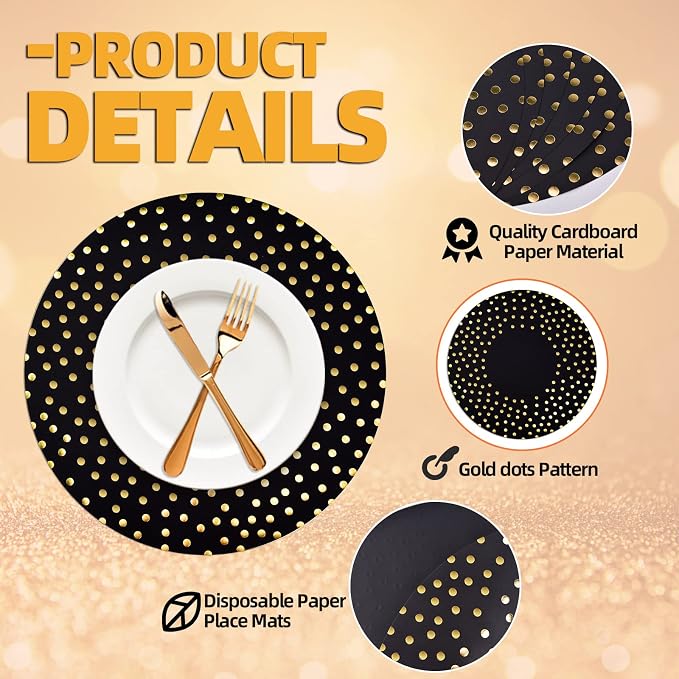 50 Pcs 14 Inch Black and Gold Foil Paper Place Mats Golden Polka Dots Round Placemats Disposable Decorative Table Mats for Wedding Banquet Party Home Dining Table Decor