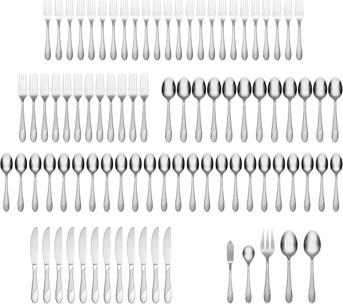 Cambridge Swirl Sand 89-Piece 18/0 Silverware Set for 12, Flatware | sand, dishwasher safe | includes serving spoons and utensil set | heavy duty, cutlery set for kitchen and dining