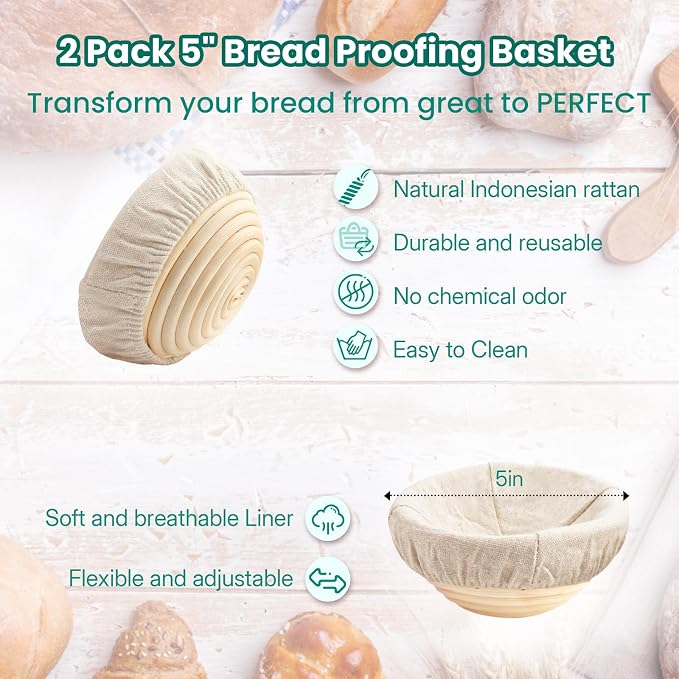 YONILL Mini Double Dutch Oven with Lid for Sourdough Bread Baking | Enameled Cast Iron Pot with Lid, 5" Banneton Bread Proofing Basket Include, Dual Round Bread Loaf Pan for Homemade Baking