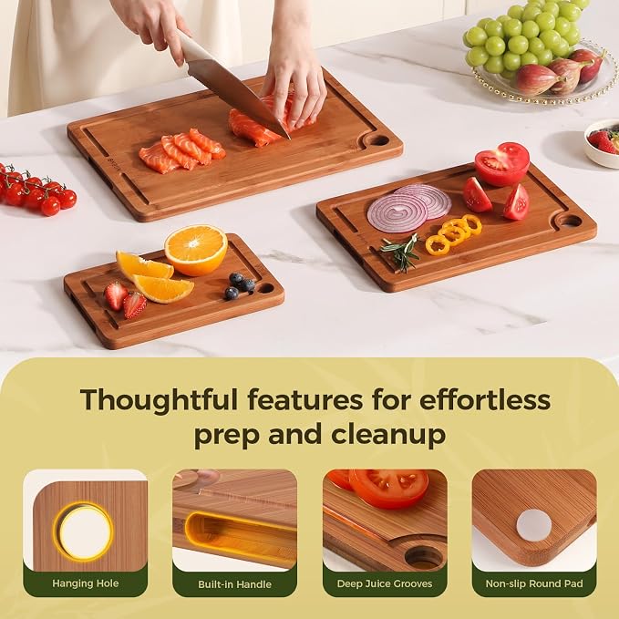Bamboo Cutting Board for Kitchen, 3-Piece Wooden Cutting Board Set with Deep Juice Grooves, Side Handles, Non-Slip Mats, Reversible Boards for Meat, Vegetables, Fruit and Cheese