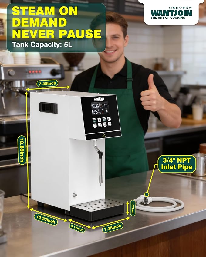 WantJoin Commercial Milk Frother - 2000W Milk Steamer for Latte Cappuccino Coffee, Beverage Heater with Hot Water Dispenser & LED Display, Hotel Use (White)