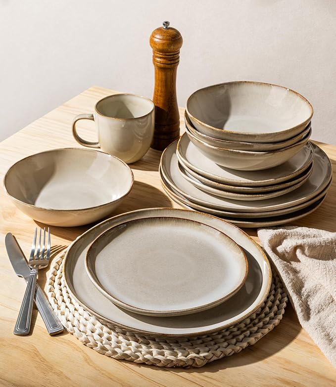 GBHOME Stoneware Dinnerware Sets for 4,12 Piece Rustic Plates and Bowls Set | Earthenware Handmade Reactive Glaze Plate Sets, Chip Resistant Ceramic Dishes, Microwave & Dishwasher Safe, Oatmeal Linen