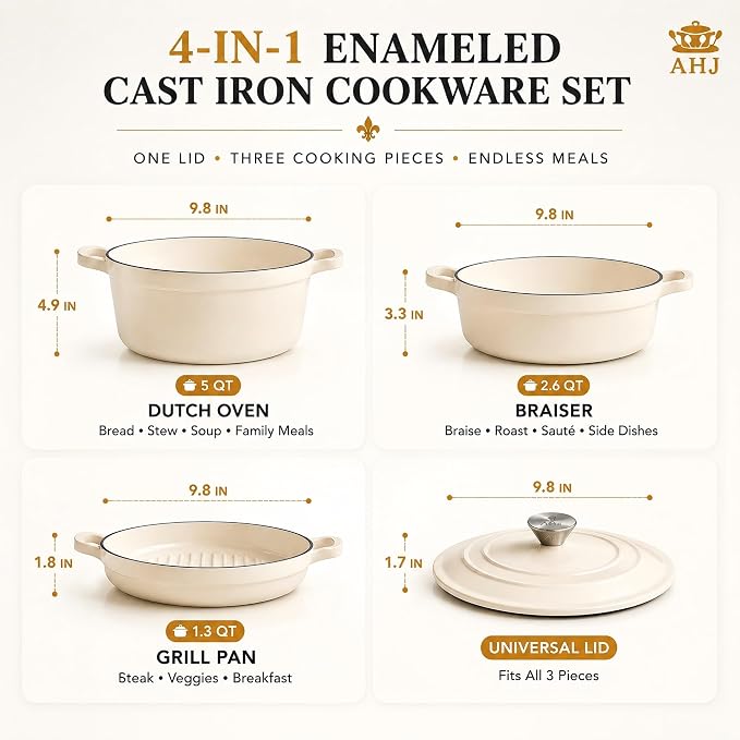 AHJ Enameled Cast Iron Dutch Oven Set - 4 Piece Cookware Set with Lids | 4.8Qt, 2.6Qt and 1.3Qt Dutch Ovens, Stackable Cast Iron Pots and Pans Sets for Bread Baking, Slow Cooking and Roasting, White