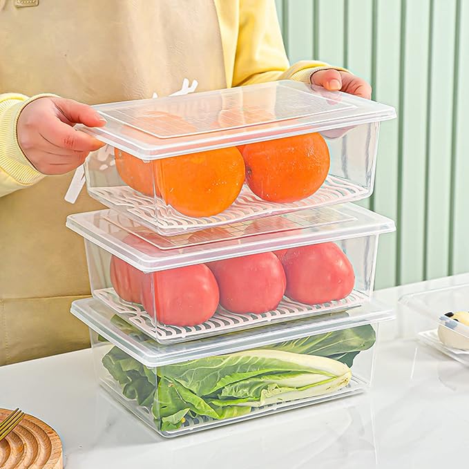 4PCS Food Storage Container, Plastic Food Containers X-Large | [With Removable Drain Plate and Lid], [Stackable Portable Freezer Storage Containers]-Tray to Keep Fruits, Vegetables, Meat