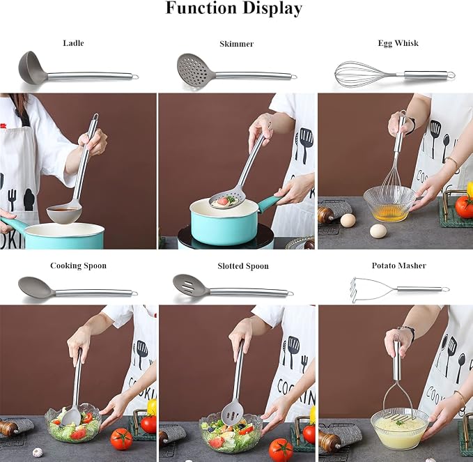 38 Piece Silicone kitchen Cooking Utensils Set with Utensil Rack, Silicone Head and Stainless Steel Handle Cookware, Kitchen Tools for Utensil Sets, Non-Stick kitchen Gadgets, Dishwasher Safe(Silver)