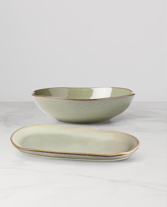 Oneida Organic Shades Sage Green Stoneware 2-Piece Serving Platter Set | dishwasher safe, microwave safe | includes platter and serving bowl | 44oz, food tray, gift for women