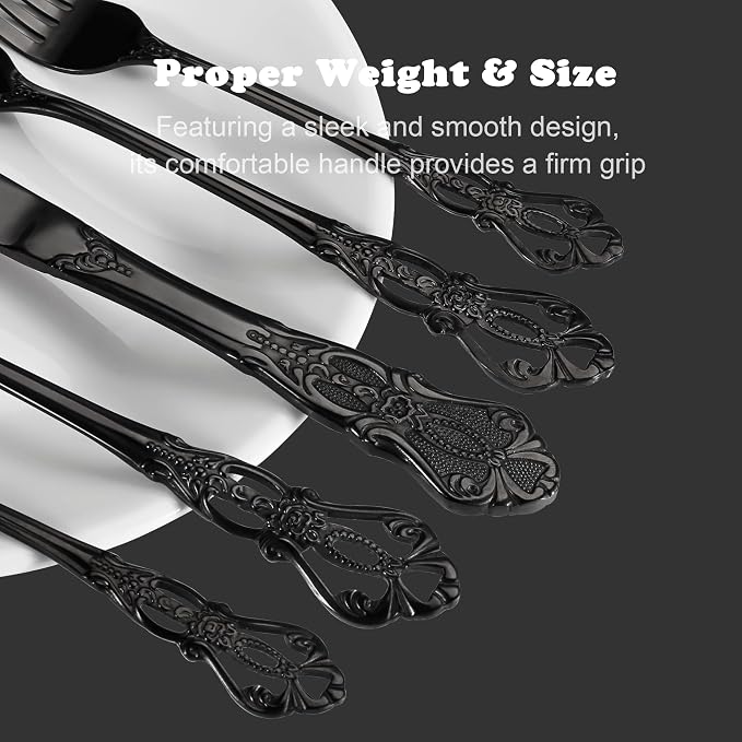 Runfly Gorgeous Retro Royal Black Stainless Steel 48-Piece Flatware Set | Silverware Set for 8, Anti-rust Cutlery Set Utensils Kitchen Including Fork Spoon and Knife