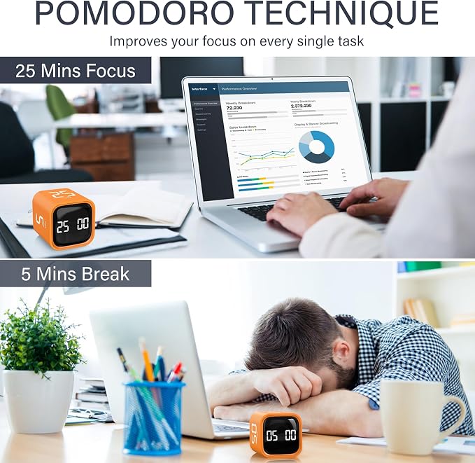 Rotating Pomodoro Timer 5/25/10/50, Desk Productivity Timer for ADHD,Orange | Countdown/Stopwatch Cube Timer, Vibration/High/Low Volume/Custom Modes, for Work Study, Back to School, Kitchen