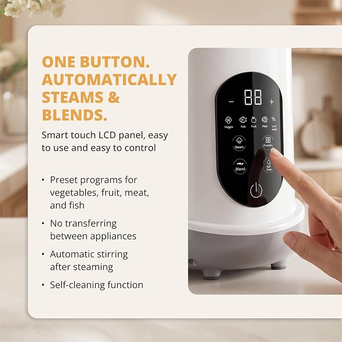 BEAR 2024 Baby Food Maker, One-Step & Easy to Use, Smart Touchscreen, White | All-in-One Homemade Baby Food Maker for Healthy Feeding, LED Display Panel, Auto-Cooking and Self-Cleaning Function