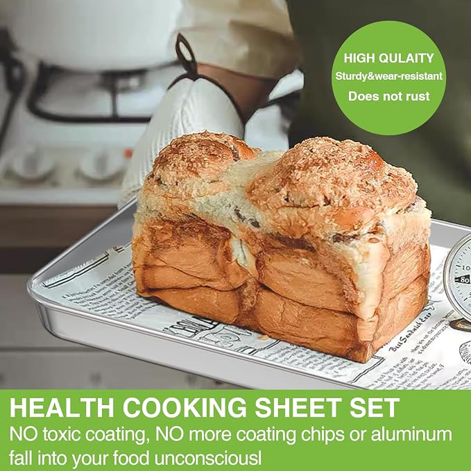 Stainless Steel Baking Pan, Large Cookie Sheet Set for Toaster Oven Tray Pans by Umite Chef, Superior Mirror Finish, Easy Clean, Dishwasher Safe, 12 x 10 x 1 inch, 3 Piece/set