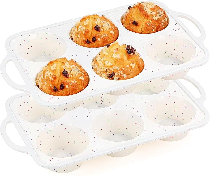 2 Pcs Jumbo Muffin Pan with Metal Frame Nonstick 6 Cup Extra Large Silicone Cupcake Pan for Baking, Deep Jumbo Muffin Tray for Egg Bites Muffins, Confetti Color Cream Gifts for Mom Home Baker