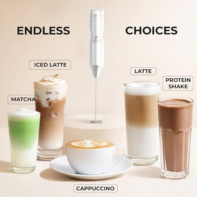 Zulay Kitchen Powerful Frother Wand AA Batteries Included, Ultra Fast Handheld Drink Mixer, Comfort Milk Frother, Stainless Steel Whisker, Frother Handheld for Coffee, Protein & Matcha - Frothmate 2.0
